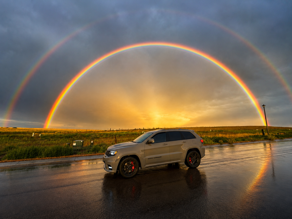 Jeep Grand Cherokee SRT under double rainbow at sunset Colorado